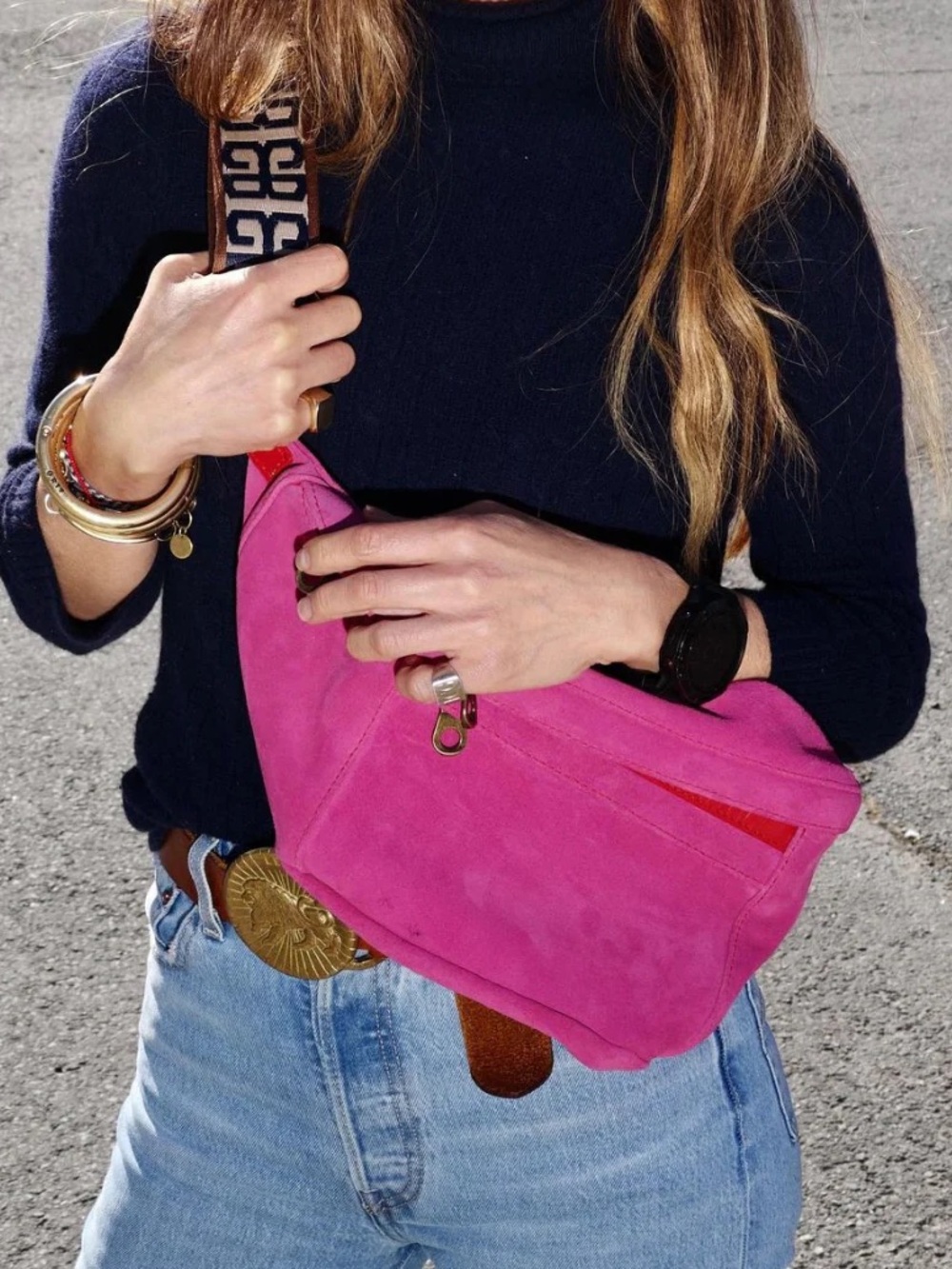Parker Thatch Cross Your Heart Sling Bag in Pink Suede